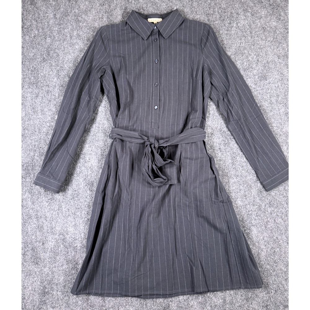 Promesa Womens Medium Grey Pinstripe Long Sleeve‎ Button Front Belted Dress NEW